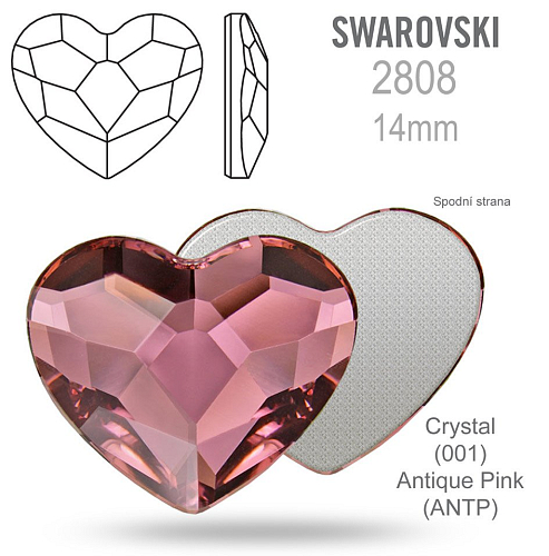 SWAROVSKI 2808 Heart Flat Back Foiled velikost 14mm. Barva Crystal Antique Pink 