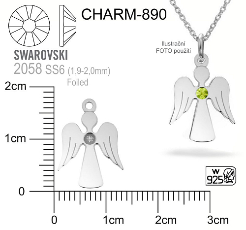 Příivěsek ANDĚL s možností vlepení kamínku Swarovski 2058 SS6 stribro Ag 925. Váha 0,41g. 