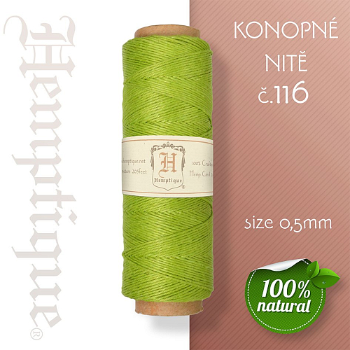 Konopná nit HEMP CORD síla nitě 0,5mm. METRÁŽ Barva č.116 Zelená