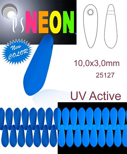 Korálky JAZÝČKY NEON (UV Active) velikost 10x3mm barva 25127 MODRÁ SVĚTLÁ. Balení 25Ks. 