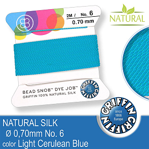 Hedvábná nit s jehlou GRIFFIN síla nitě 0,7mm No.6 délka 2m. Barva Light Cerulean Blue