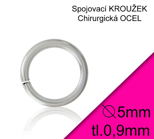 KROUŽEK spojovací-CHIRURGICKÁ OCEL 316L. Velikost venkovní pr.5,0mm tl.0,9mm.