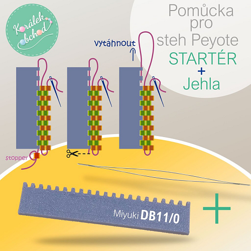Pomůcka pro steh Peyote (STARTÉR). Pro snadný začátek šití stehem Peyote a korálky Miyuki DB 11/0 sada Startér +Jehla