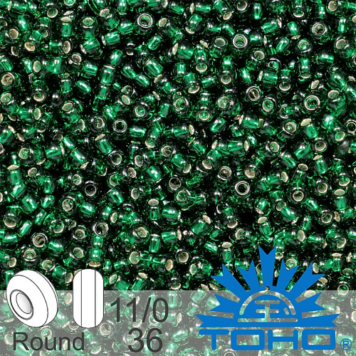 Korálky TOHO tvar ROUND (kulaté). Velikost 11/0. Barva č.36-Silver-Lined Green Emerald . Balení 8g.