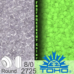 Korálky TOHO tvar ROUND (kulaté). Velikost 8/0. Barva č.2725-Glow In The Dark - Grey Crystal/Bright Green . Balení 10g.