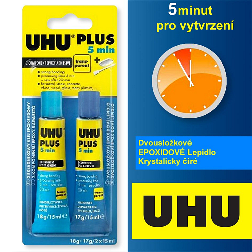 Lepidlo epoxidové UHU PLUS. Vhodné k lepení SKLO + KOV (průhledné barvy). Balení 2x15ml. Vytvrzení 5min.