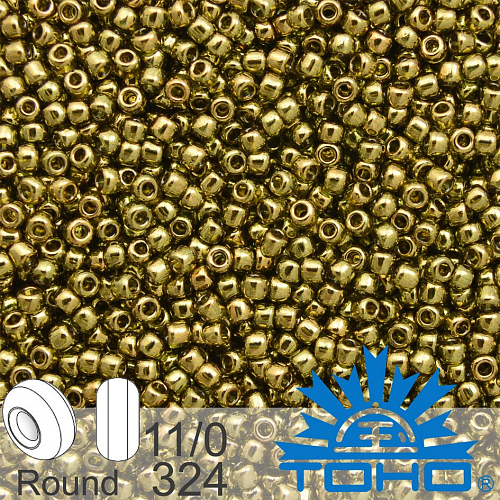 Korálky TOHO tvar ROUND (kulaté). Velikost 11/0. Barva č.324 Gold-Lustered Prairie Green. Balení 8g.
