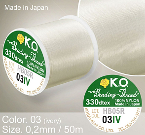 Nylonová nit značky K.O. Barva č. 03 ivory. Materiál 330DTEX (0,2mm). Balení 50m. 