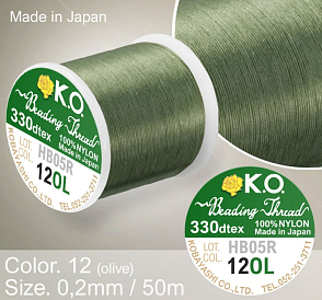 Nylonová nit značky K.O. Barva č. 12 olive. Materiál 330DTEX (0,2mm). Balení 50m. 