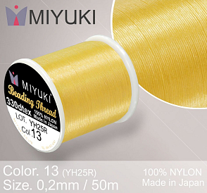 Nylonová nit značky MIYUKI. Barva č. 13 Yellow. Materiál 330DTEX (0,2mm). Balení 50m.