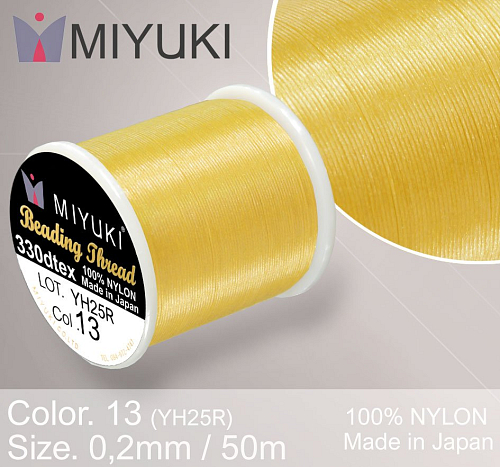 Nylonová nit značky MIYUKI. Barva č. 13 Yellow. Materiál 330DTEX (0,2mm). Balení 50m.