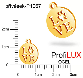 Přívěsek Chirurgická Ocel ozn-P1067 Medailon LOVE  velikost 12x14mm tl.1.0mm. Velikost otvoru pr. 1,5mm barva POZLACENO. Řada přívěsků ProfiLUX. 