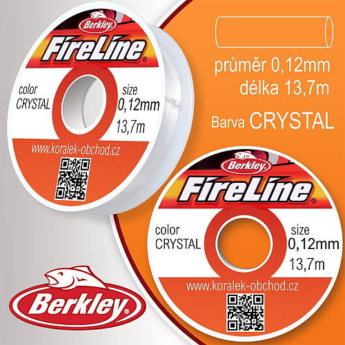 FIRELINE Berkley profesionální splétaná šnůra z polyethylenových vláken. Průměr 0,12mm, zátěž 7,2Kg, balení (15yards) 13,7m, barva CRYSTAL.