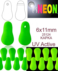 Korálky NEON (UV Active) KAPKA PODLOUHLÁ  velikost 6x11mm barva 25124 ZELENÁ. Balení 20Ks. 