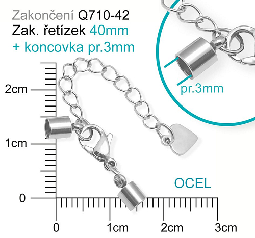 Zakončovací řetízek s Karabinkou a KONCOVKOU vnitřní pr.3mm ozn. Q710-42.