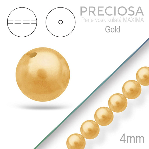 PRECIOSA Voskované Perle barva GOLD 98996 velikost 4mm. Balení návlek 31Ks.
