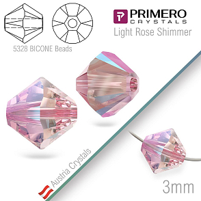 Korálky PRIMERO Crystals . Tvar 5328 Bicone BEADS. Barva Light Rose Shimmer.Velikost 3mm balení-25Ks.