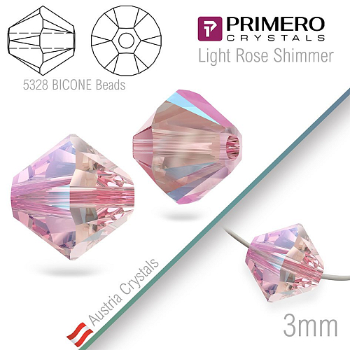 Korálky PRIMERO Crystals . Tvar 5328 Bicone BEADS. Barva Light Rose Shimmer.Velikost 3mm balení-25Ks.