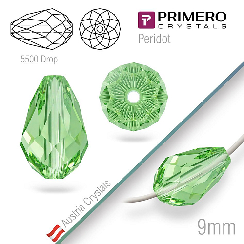 Korálky PRIMERO Crystals . Tvar 5500 Drop. Barva Peridot. Velikost 9mm