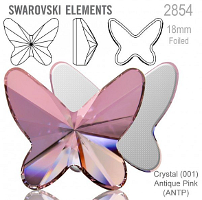 SWAROVSKI 2854 Butterfly Flat Back Foiled velikost 18mm. Barva Crystal Antique Pink 