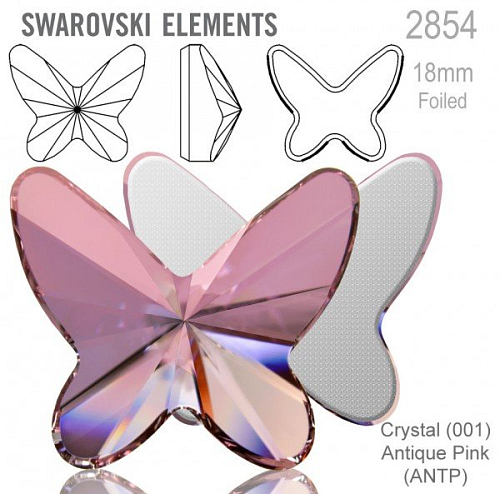 SWAROVSKI 2854 Butterfly Flat Back Foiled velikost 18mm. Barva Crystal Antique Pink 