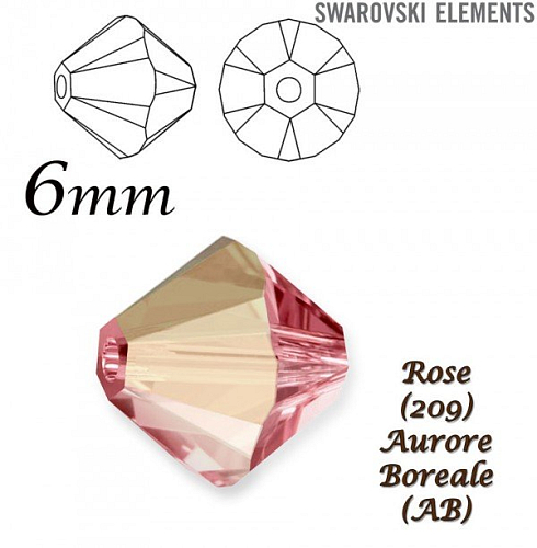 SWAROVSKI ELEMENTS XILION BEAD (korálky) 5328 barva ROSE (209) AURORE BOREALE (AB) velikost 6mm. Balení 10Ks