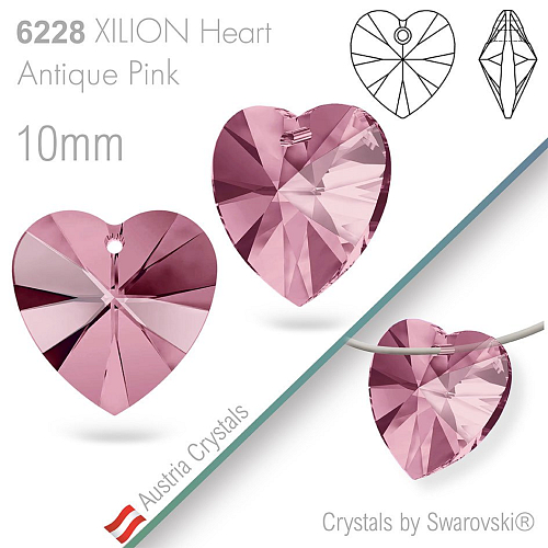 Swarovski XILION Heart 6228. Barva Crystal Antique Pink. Velikost 10mm