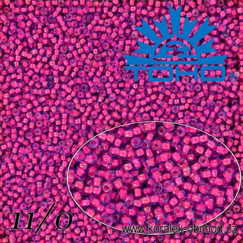 Korálky TOHO tvar ROUND (kulaté). Velikost 11/0. Barva č.980-Luminous Lt. Sapphire/Neon Pink Lined. Balení 8g