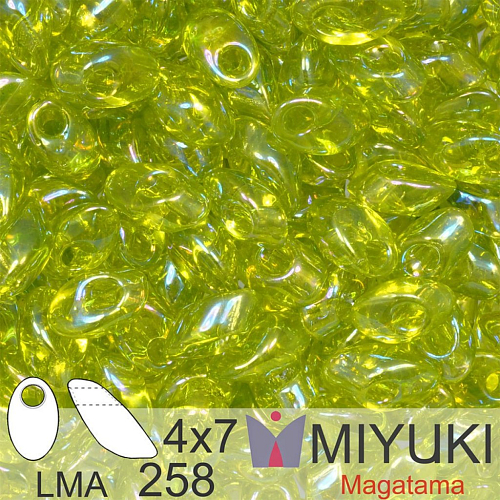 Korálky MIYUKI tvar Long MAGATAMA velikost 4x7mm. Barva LMA-258 Transparent Chartreuse AB  . Balení 5g.