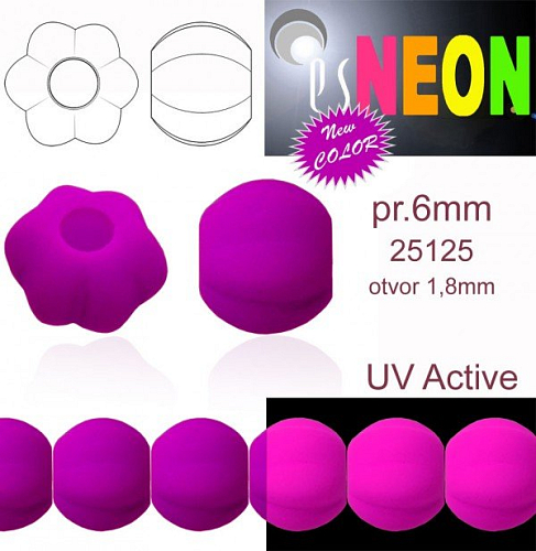 Korálky NEON (UV Active) MELOUN velikost pr.6mm barva 25125 FIALOVÁ. Balení 21Ks. 
