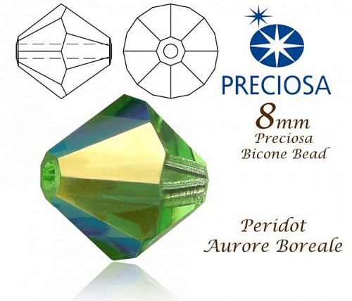 PRECIOSA Bicone MC BEAD (sluníčko) velikost 8mm. Barva PERIDOT Aurore Boreale. Balení 15ks .