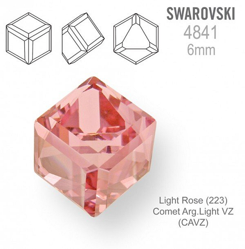 SWAROVSKI ELEMENTS 4841 Angled Cube (zkosená kostka) barva LIGHT ROSE (223) CometArg. Light VZ (CAVZ) velikost 6mm.