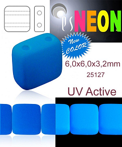 Korálky čtverec 2 otvory NEON (UV Active) velikost 6,0x6,0mm barva 25127 MODRÁ SVĚTLÁ. Balení 20Ks. 