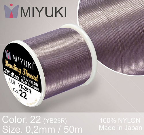 Nylonová nit značky MIYUKI. Barva č. 22 Charcoal. Materiál 330DTEX (0,2mm). Balení 50m. 