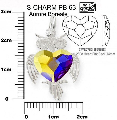 Přívěsek tvar SOVA+Swarovski 2808 14mm Crystal (001) Aurore Boreale (AB) ozn.PB 63. Materiál Ag925. Váha Ag 1,30g