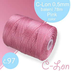 Nylonová nit C-Lon pevná korálková nit. Barva 97 Pink. Síla nitě 0,5mm. Balení 78m na cívce.