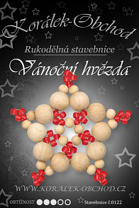 STAVEBNICE Vánoční HVĚZDY číslo 122. Stavebnice z dřevěných korálků v přírodní a červené barvě obsahuje materiál na 3Ks VÁNOČNÍCH HVĚZD.