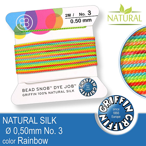 Hedvábná nit s jehlou GRIFFIN síla nitě 0,5mm No.3 délka 2m. Barva Rainbow.