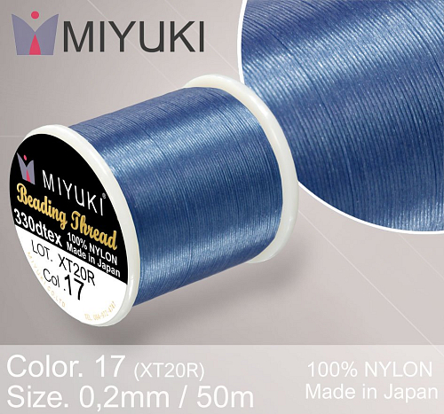 Nylonová nit značky MIYUKI. Barva č. 17 Dark Blue. Materiál 330DTEX (0,2mm). Balení 50m. 