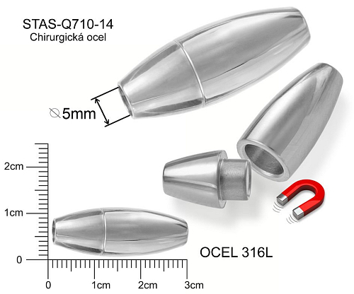 Magnetické zapínání CHIRURGICKÁ OCEL ozn.-STAS-Q710-14. Velikost pr.10x30mm
