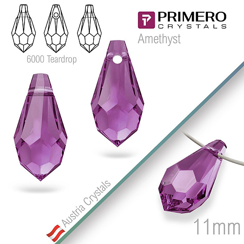 Přívěsky PRIMERO Crystals . Tvar 6000 Teardrop. Barva Amethyst. Velikost 11mm