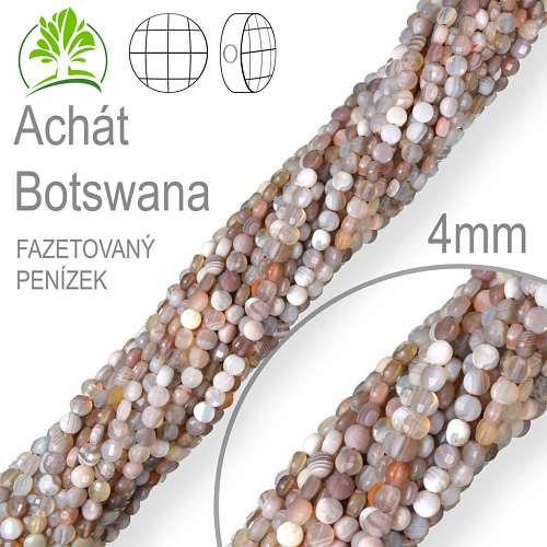 Korálky z minerálů Achát Botswana přírodní polodrahokam. Velikost pr.4mm tl. 2,5mm tvar penízek z čelních stran fazetovaný. Balení 108Ks