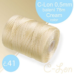 Nylonová nit C-Lon pevná korálková nit. Barva 41 Cream. Síla nitě 0,5mm. Balení 78m na cívce.