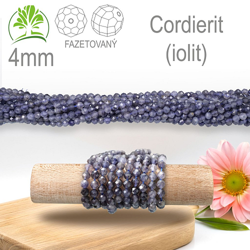 Korálky z minerálů Cordierit (Iolit) Fazetovaný polodrahokam. Velikost pr.4mm. Balení 95Ks.