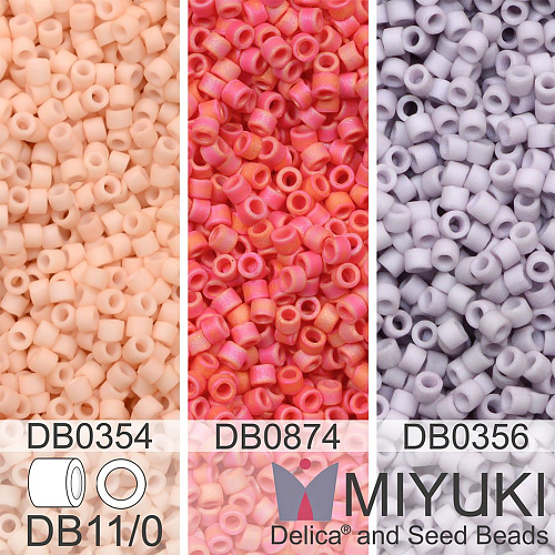 Korálky Miyuki Delica 11/0. Barevné variace č. 21 DB0354, DB0356, DB0874. Balení 3x5g
