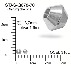 Korálek kužel CHIRURGICKÁ OCEL ozn.-STAS-Q678-70 Velikost pr.3,7mm otvor 1,6mm