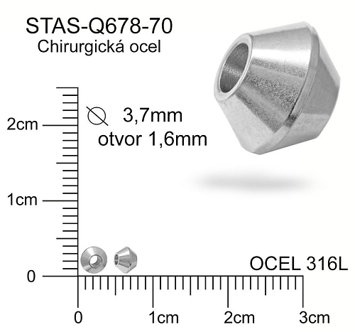 Korálek kužel CHIRURGICKÁ OCEL ozn.-STAS-Q678-70 Velikost pr.3,7mm otvor 1,6mm