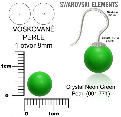 SWAROVSKI 5818 Voskované Perle 1otvor barva CRYSTAL NEON GREEN PEARL velikost 8mm. 