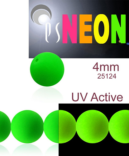 Korálky NEON (UV Active) velikost 4mm barva 25124 zelená. Balení 31Ks. 