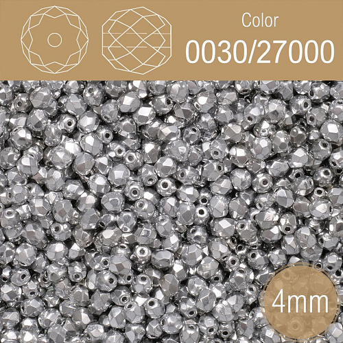 Korálky BROUŠENÉ 4mm. Barva 0030/27000.Neprůhledná s pokovem. Balení 120Ks.